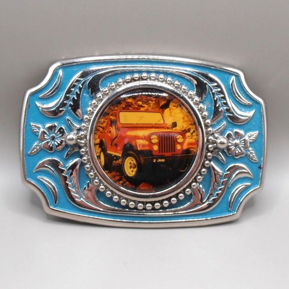 VTG Western Jeep Belt Buckle – Painted Blue with Red CJ Scene – Silver Tone